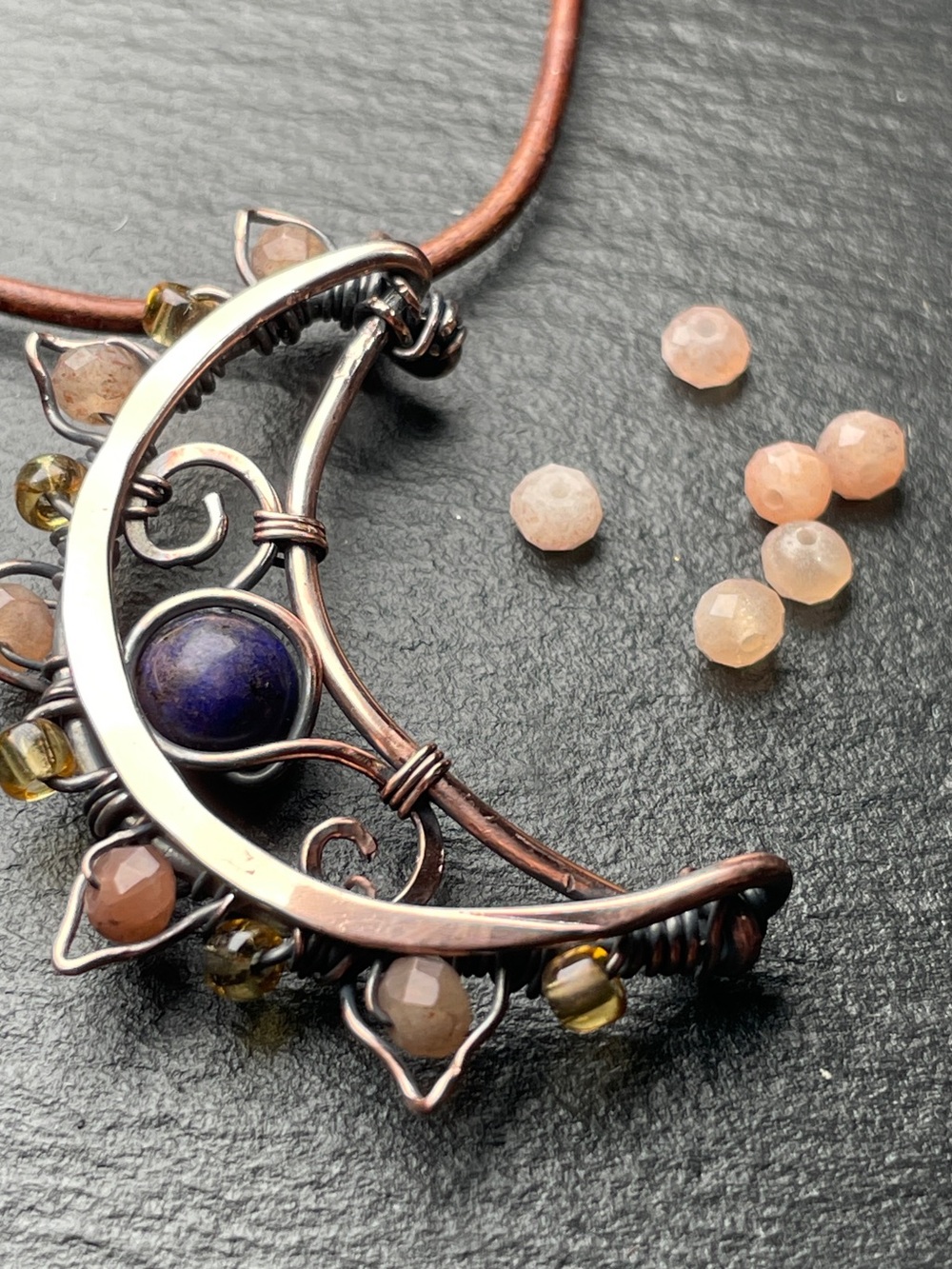 Moon in the Wild Handmade Crescent Necklace — Copper with Lapis And Sunstones - Picture 6 of 13